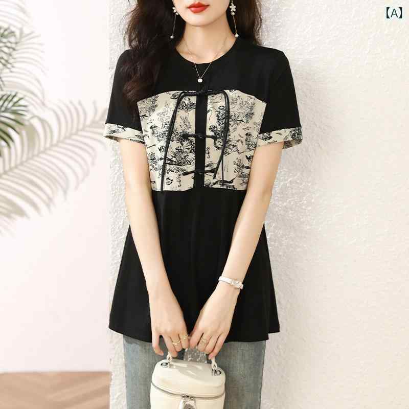 レディース　Tシャツ　ゆったり チャイナ風 ボタン 付き レトロ ジャカード Tシャツ シャツ 夏用 大きいサイズ ゆったり 半袖 お腹 カバー トップス