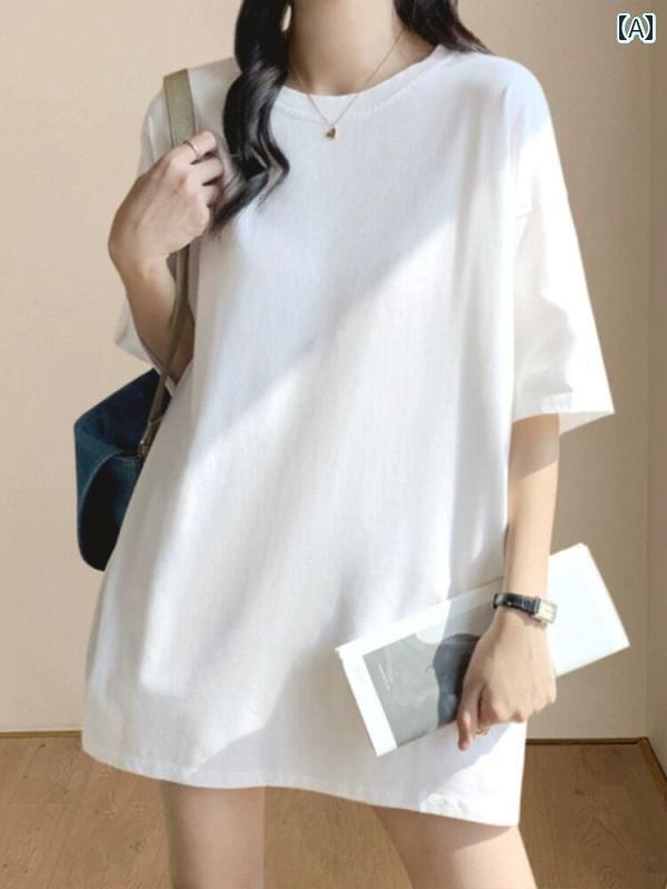 レディース　　Tシャツ　ゆったり 特大 サイズ 女性 服 300ポンド 太った MM 大きいサイズ Tシャツ 半袖 ミディアム ロング ゆったり 大きめ 綿 ホワイト トップ