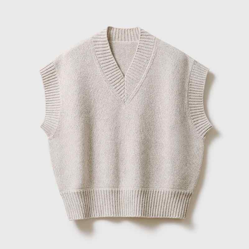 秋冬 ゆったり Vネック 混色 羊毛 カシミア ニット ベスト レディース 短袖 レイヤード 柔らかい 暖かみ コーディネート 普段使い トップス