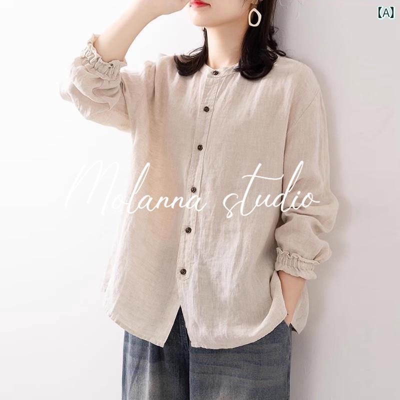 レディース　　Tシャツ　ゆったり Molanna コットンリネン 長袖 シャツ レディース 春秋 大きいサイズ ゆったり リネン 素材 カジュアル カーディガン トップス