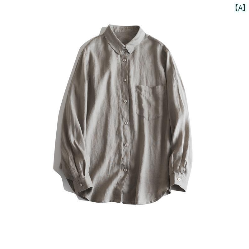 レディース　　シャツ　トップス 軽量で高 密度の リネンの 柔らかい 光沢の ある 長袖 ゆったり 文学 シャツ レディース 春夏 日焼け防止 トップ