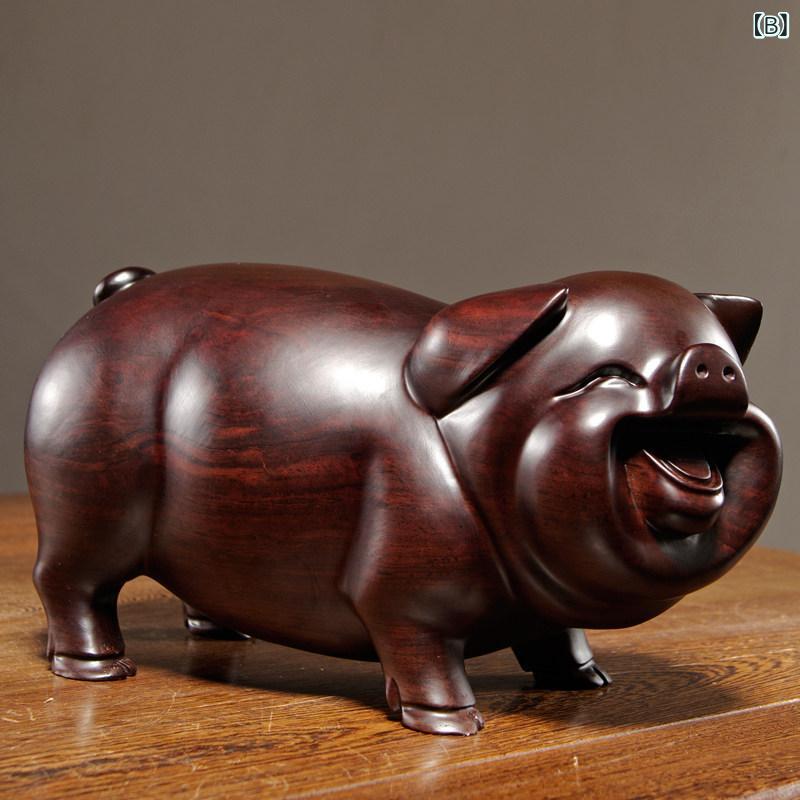 ホビー　雑貨　装飾品 黒檀の 無垢材 彫刻 豚の 飾りの ペア 十二支の 動物 豚 家の デスク トップの 装飾 マホガニー