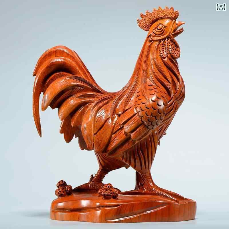 ホビー　雑貨　装飾品 ローズウッド 無垢材 彫刻 干支 鶏 飾り ホーム ポーチ 装飾 新築 祝い ギフト 金鶏 鳴き