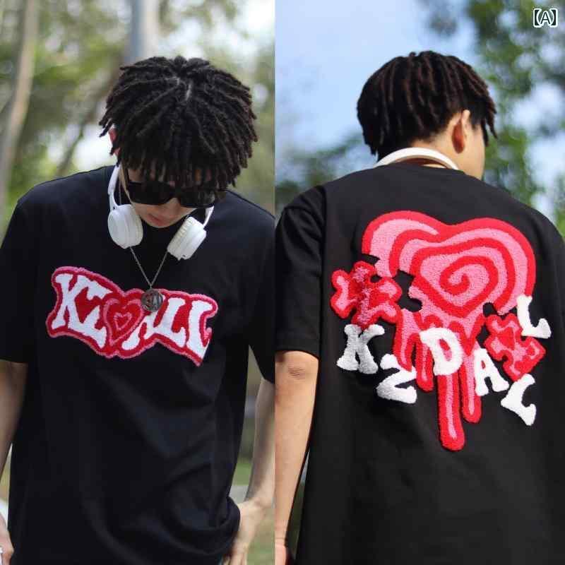 Tシャツ メンズ おしゃれ Tシャツ メンズ おしゃれ KZDALL ラブ パズル タオル 刺繍 半袖 Tシャツ 夏 ゆったり ヒップ ホップ 男女 カジュアル レトロ