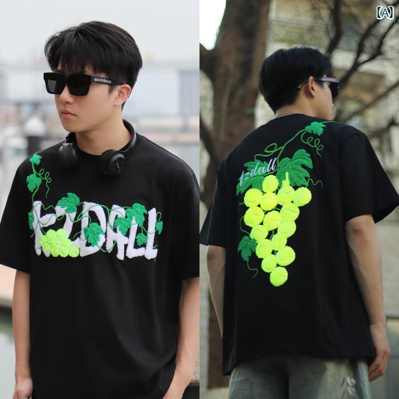 Tシャツ　メンズ　おしゃれ KZDALL ブドウ テニス タオル 刺繍 半袖 Tシャツ 夏 アメリカン ストリート ゆったり カジュアル 男女兼用