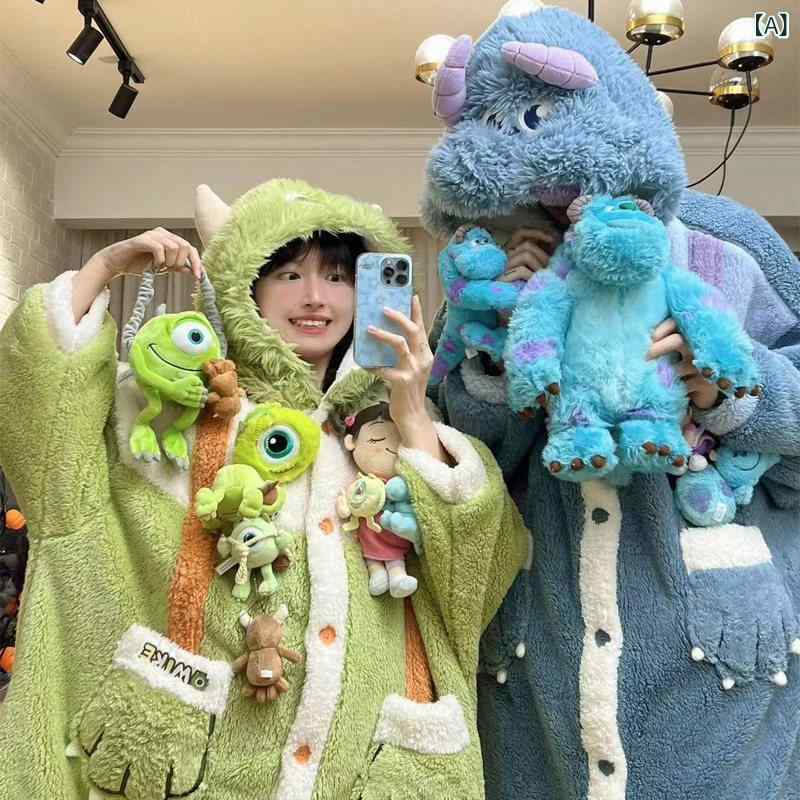パジャマ　レディース　上下 モンスターズ ユニバーシティ カップル パジャマ レディース 秋冬 コーラル フリース プラッシュ 厚手 サリバン ナイトガウン メンズ ロング ホームウェア
