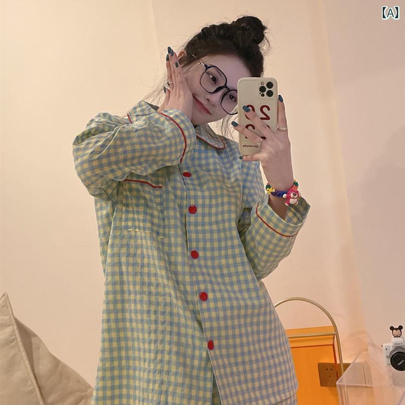 パジャマ　レディース　上下 グリーン チェック 柄 パジャマ レディース 春秋 綿 長袖 ズボン 綿糸 女の子 外出 家 着 スーツ