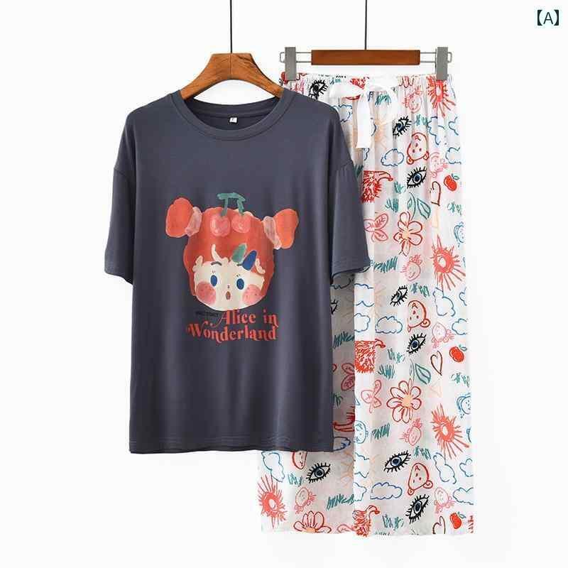 パジャマ　レディース　上下 甘くて かわいい チェリー ガール モダール パジャマ 女性 半袖 ズボン クール ラウンドネック ゆったり ホームウェア セット