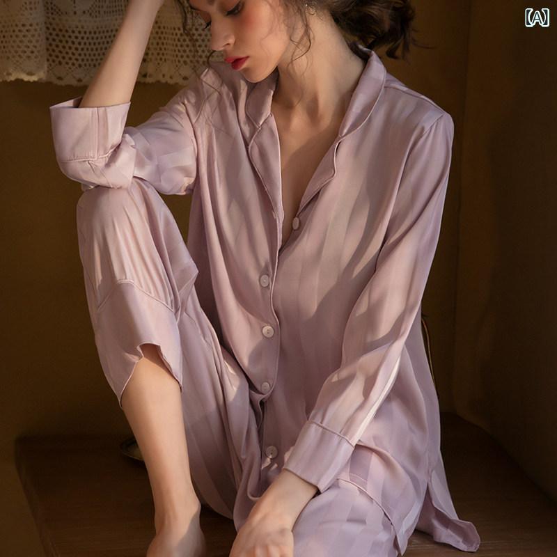 パジャマ　レディース　上下 夏用の 女性用 シルクパジャマ マルベリー シルク 家 着と しても 着用 可能 ストライプの 長袖 ズボン ツーピース スーツ 春秋｜SEIYUショップ