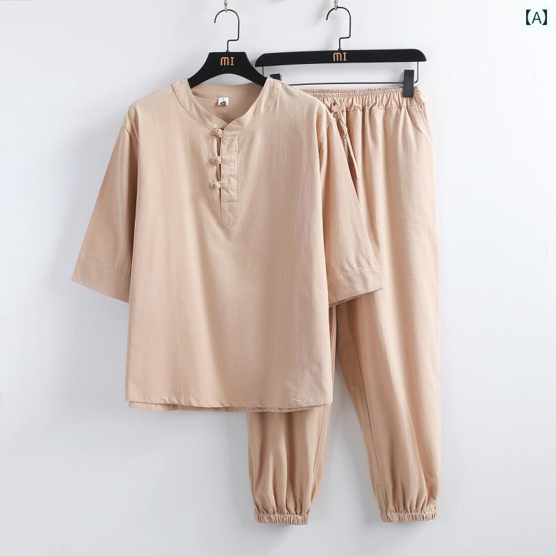 パジャマ　レディース　上下 メンズ 夏 ゆったり 大きめ サイズ コットンリネン パジャマ チャイナ風 リネン 漢服は 外出 着と して 着る ことが でき の 服に 合います