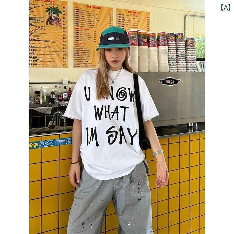 Tシャツ　レディース　かわいい 川 葉 アメリカン ストリート小 襟 320 G ヘビー 半袖 Tシャツ 男女 ストリート ファッション 夏 トップス