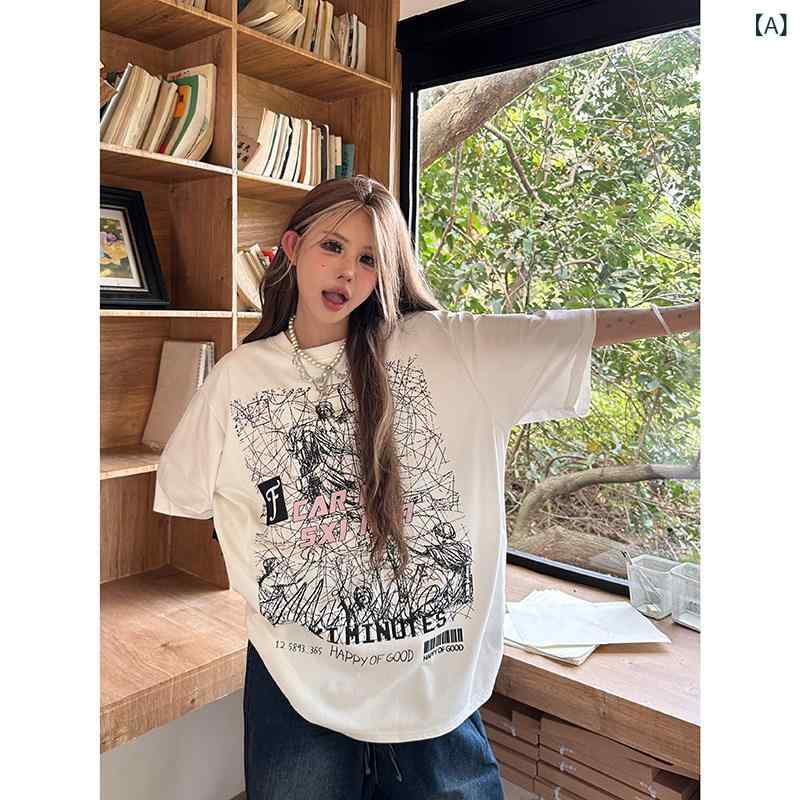 Tシャツ　レディース　かわいい Sixminu アメリカン ストリート ファッション 半袖 オーバー サイズ コットン Tシャツ レディース ラウンドネック ヘビー プリント