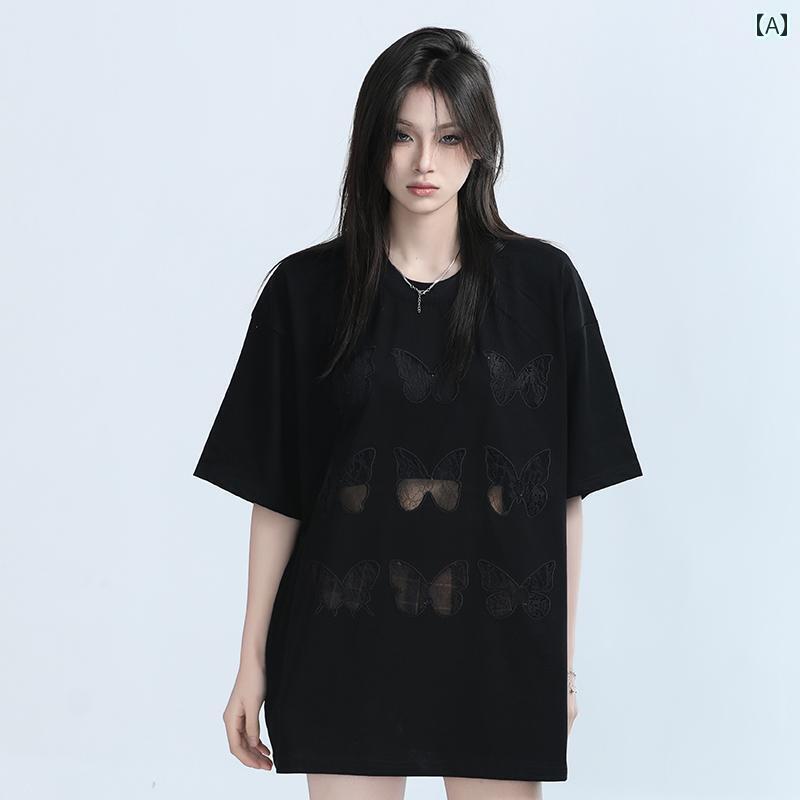 Tシャツ レディース かわいい 【 山と 空の 山に 座る】 レトロ 蝶 刺繍 黒 半袖 Tシャツ 女性用 夏 厚手 ゆったり イン