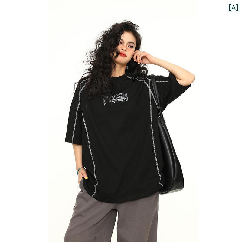 Tシャツ　レディース　かわいい アジ レター アメリカン レトロ ハイエンド 半袖 Tシャツ 男女兼用 リバースカット