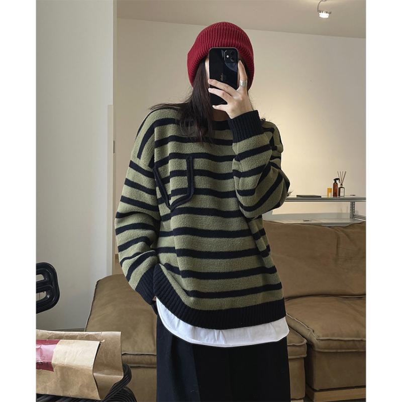 セーター レディース 春 韓国 レトロ ストライプ コントラストカラー クルーネック カジュアル フェイクポケット ニット トップス 柔らかい 普段使い 軽量 伸縮性｜SEIYUショップ 8,499円
