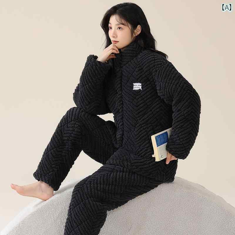 レディース　パジャマ　スウェット　上下 Maoren 3 層 キルティング カップル パジャマ 女性用 無地 シンプル 厚手 コーラル フリース 外出 着 メンズ 家 冬