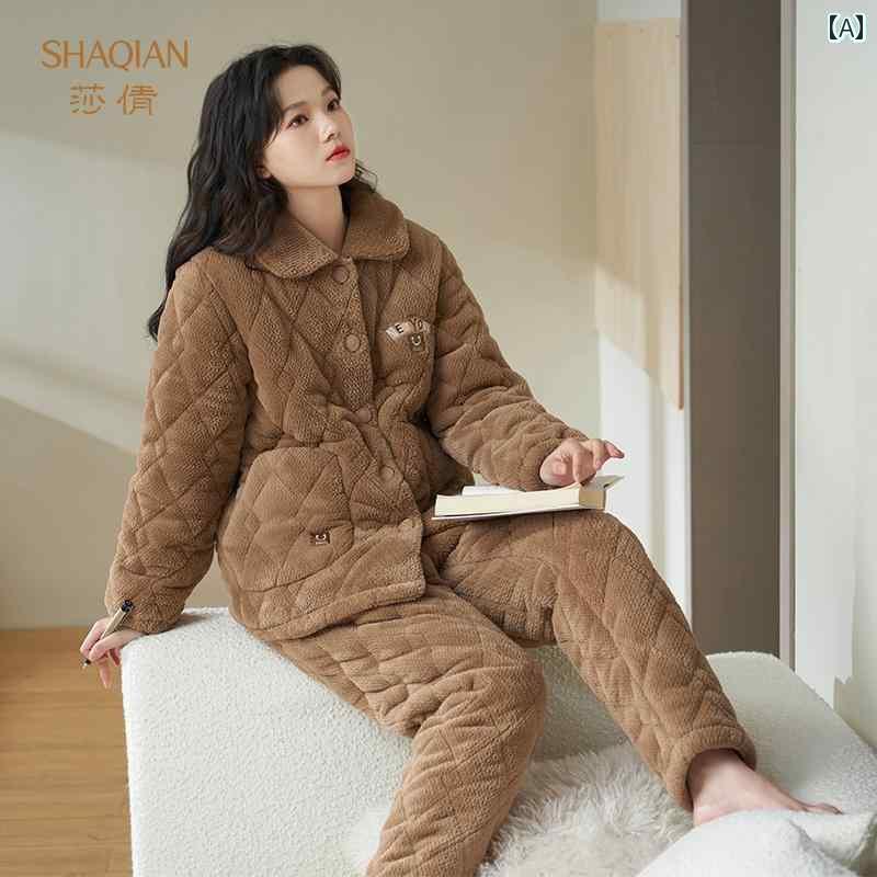 レディース　パジャマ　スウェット　上下 Shaqian 3 層 パッド入り パジャマ 女性用 冬用 厚手 コーラル フリース ホームウェア レディース コットン ジャケット 暖かい スーツ