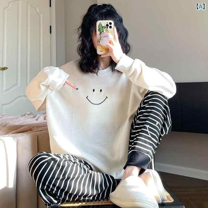 レディース　パジャマ　スウェット　上下 女性用 スマイリーフェイス 刺繍 パジャマ 春の 長袖 ワッフル パターン アウターと して 着用 可能 ラウンドネック レギンス ホームウェア 春秋 4,828円