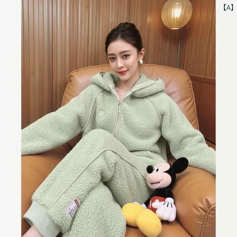 レディース　パジャマ　スウェット　上下 女性 同じ スタイル 冬 裏起毛 厚手 フード付き 北 ラム ベルベットスーツ ホーム 服