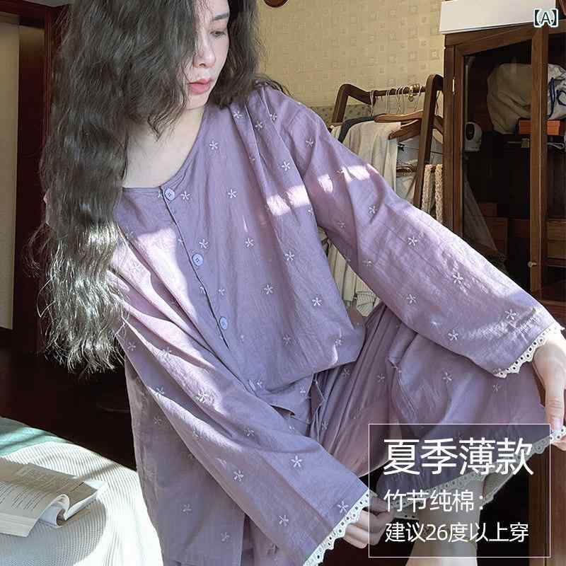 レディース　パジャマ　スウェット　上下 Da Meng 春秋 織り コットン パジャマ レディース レトロ 花柄 刺繍 ホームウェア セット ゆったり 大きいサイズ 夏 薄手