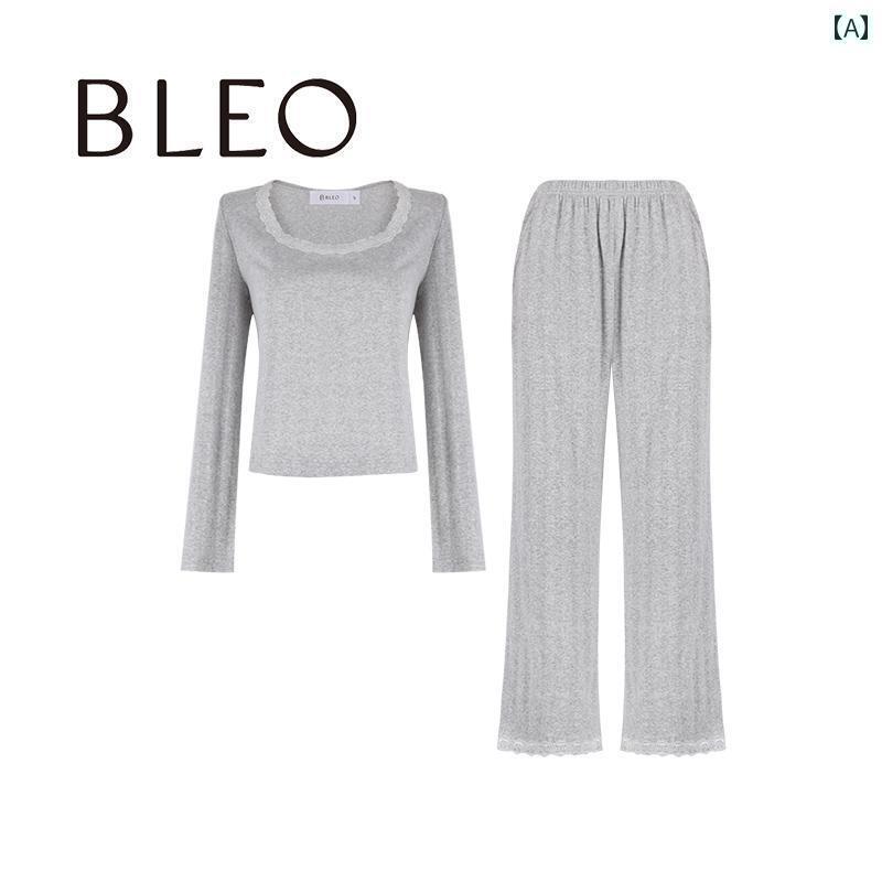 レディース　パジャマ　スウェット　上下 BLEO 2025 春夏 コットンニット フレンチ レース スクエアネック 長袖 パジャマ レディース ホームウェアと しても 着用 可能