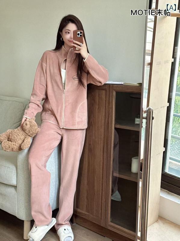 スタンドカラー オーストラリア ベルベット カップル ホーム 服 23 秋冬 ジッパー スタイル ヘミング 裏起毛 厚手 暖かい パジャマ セット