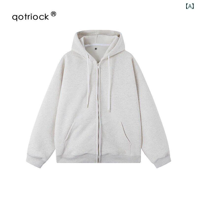パーカー　フード付き　ニット QOTRIOCK ヘビー ソリッドカラー フード付き カーディガン スウェットシャツ メンズ レディースの 春夏 オーバー サイズ ジッパー ジャケット