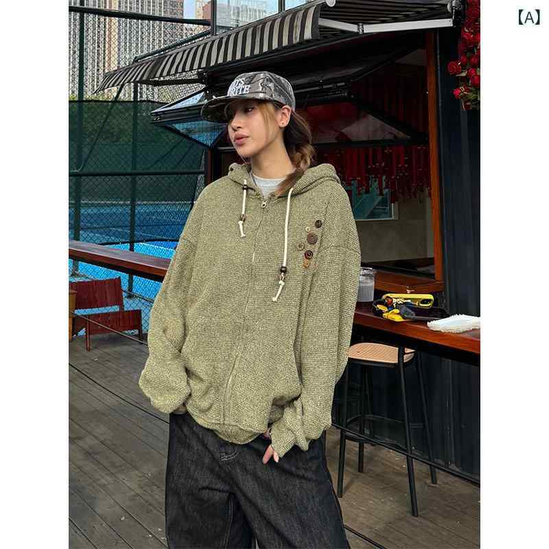 パーカー ボンネット付き添い人 編み物 チュアン イエ アメリカン レトロ 編み物 ボンネット付き添い人 上衣 男女 早春 スウェーター ジレー