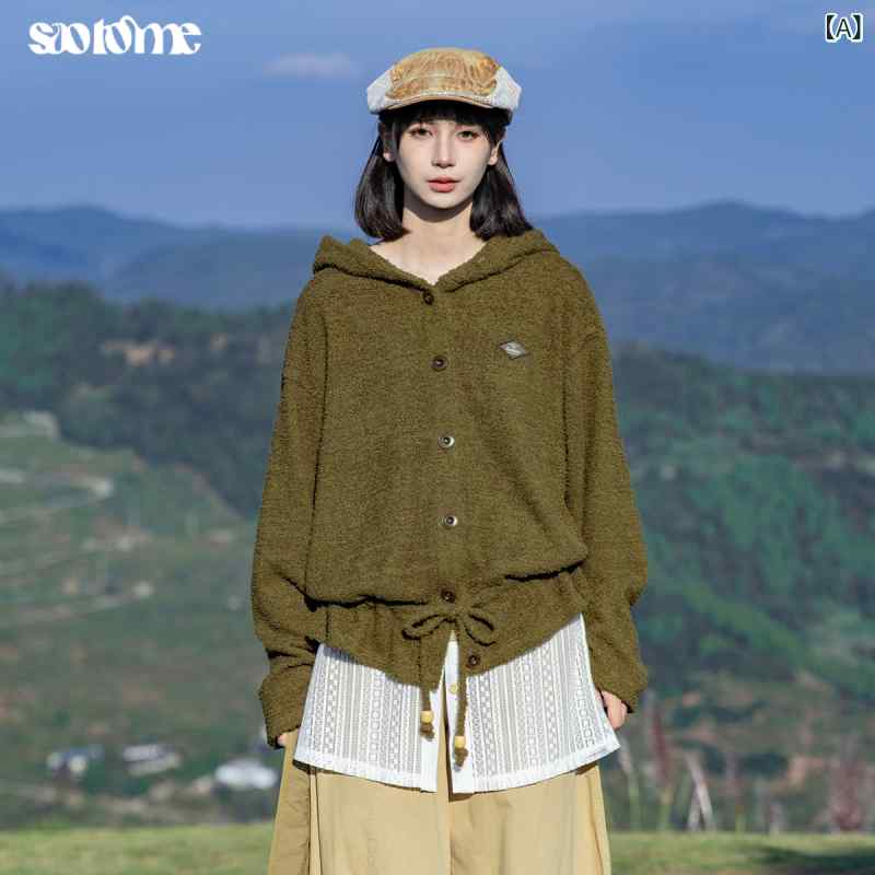 パーカー ボンネット付き添い人 編み物 うしろ帯 景子  レトロ ゆったり 裾の ドローストリング ボンネット付き添い人 ジレー ティーシャツ