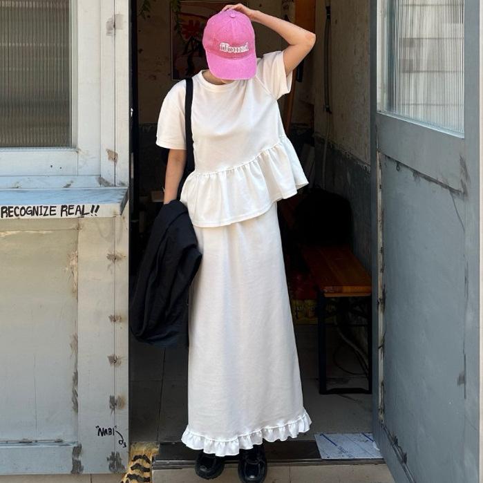 レディース 夏用 フリル 短袖 トップス 高腰 切り替え スカート セット 普段使い 軽量 伸縮性 カジュアル スタイル