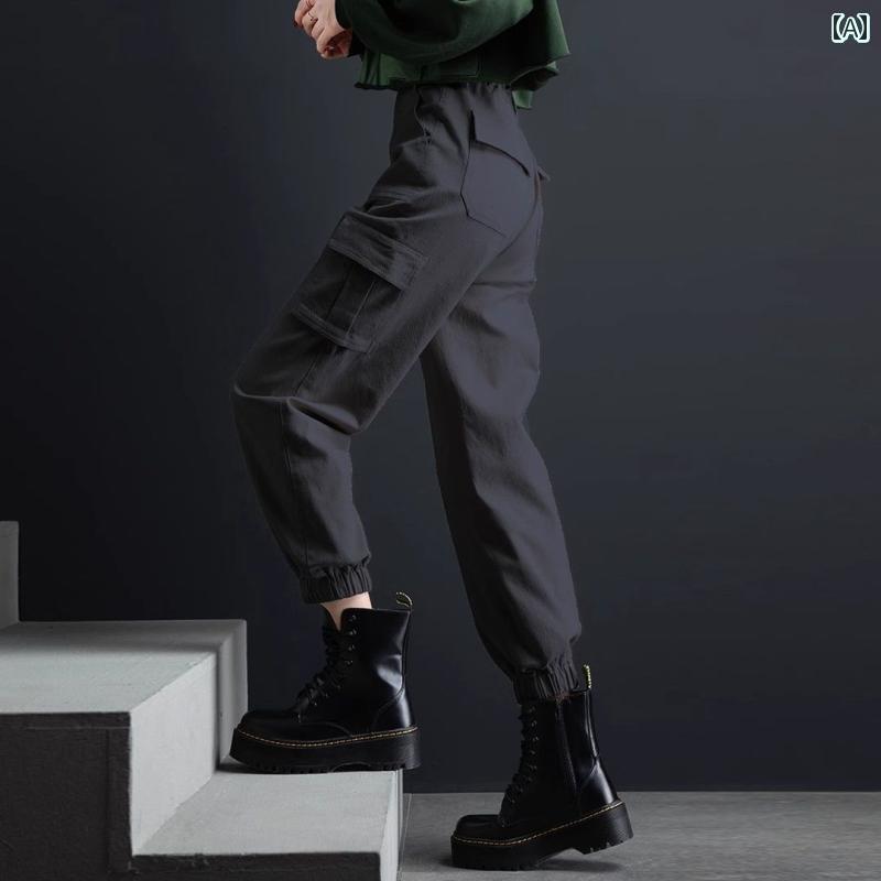 レディース　ハイウエスト　パンツ 女性用 ブラック カフ オーバー オール 2025 春秋 九分丈 パンツ 小さい アメリカン アサルト