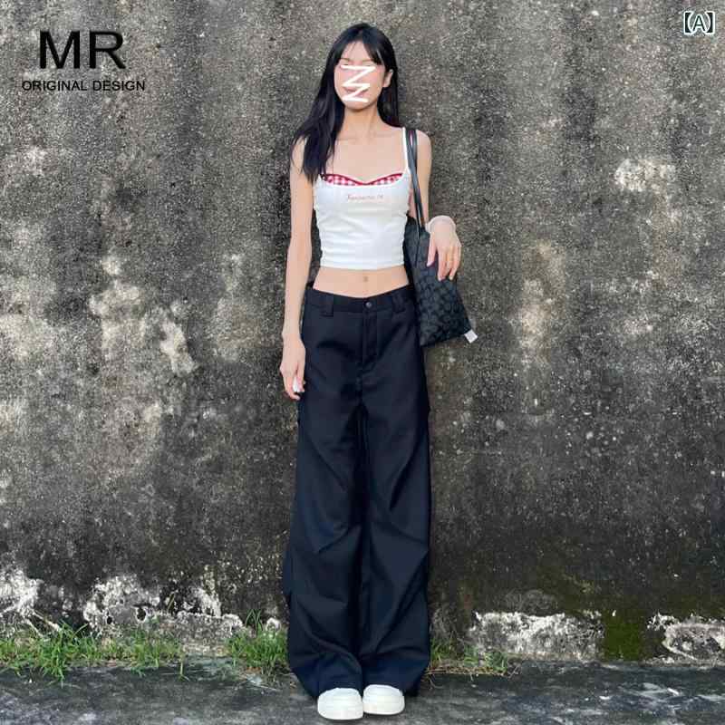 レディース　ハイウエスト　パンツ レディース ブラック ワイド レッグ ローウエスト スーツ パンツ 2025 夏 ゆったり 薄手 ドレープ 小さめ カジュアル