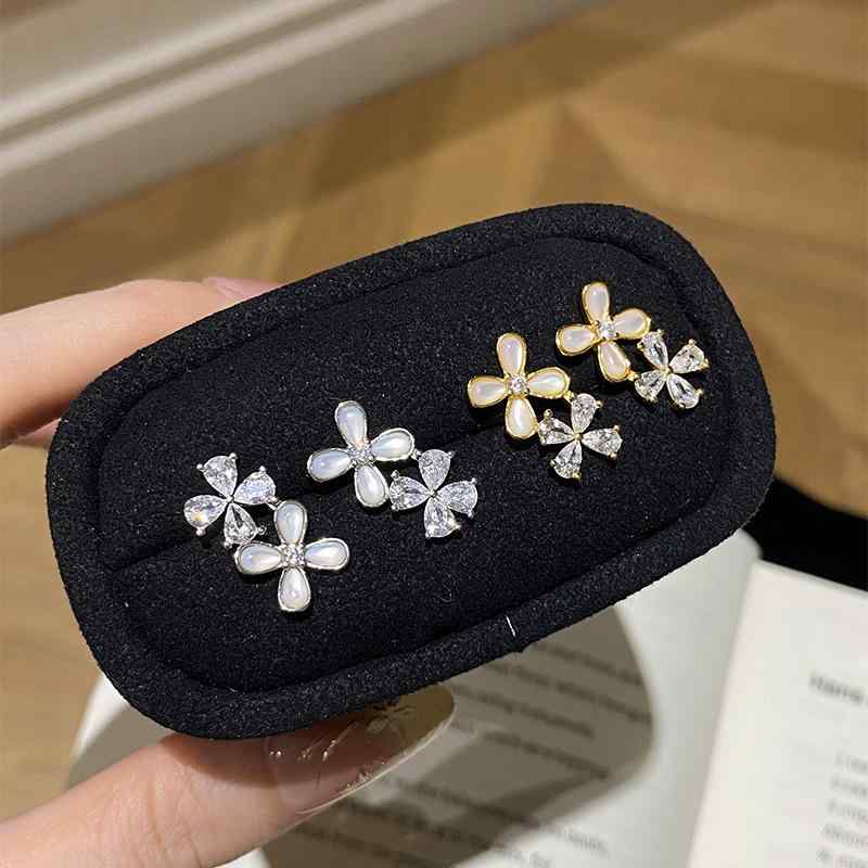 ピアス レディース シルバー ジルコニア フラワー 貝殻 小花 モチーフ シンプル 韓国風 高級感 合わせやすい スタッド デザイン 気質 エレガント アクセサリー