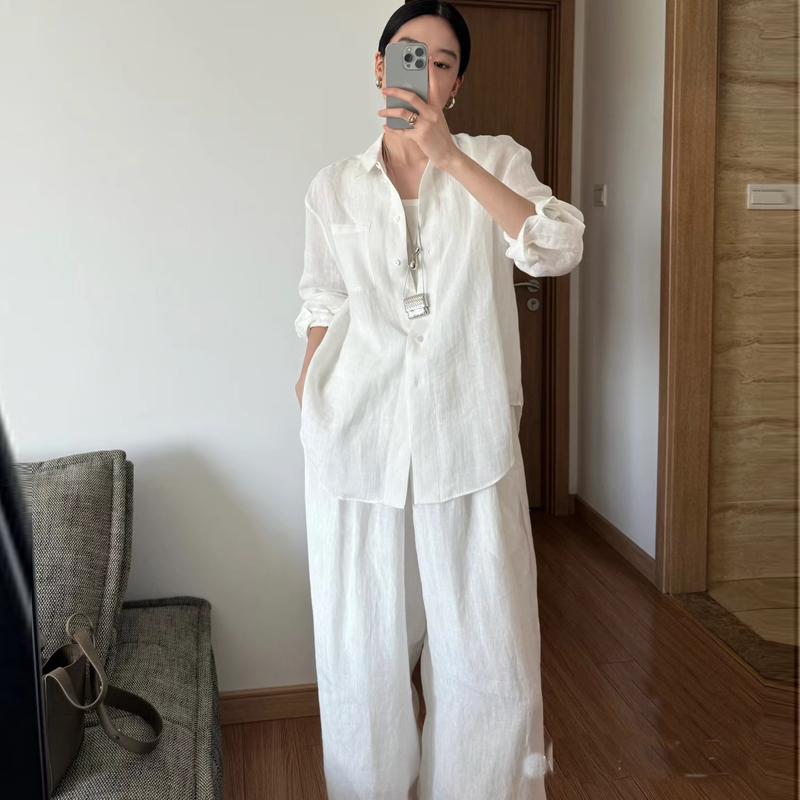 レディース 100%リネン 夏 セットアップ 白 ブラウス ワイドパンツ UVカット 通気性 高級感 カジュアル ファッション 軽量 吸湿速乾