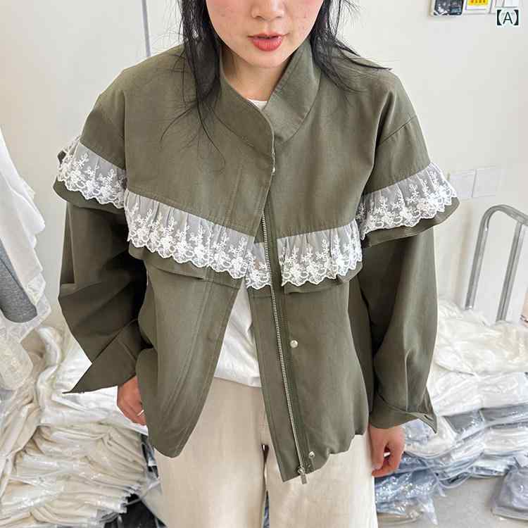 フリース　トップス　ジッパー センス スタンドカラー レース スプライシング ジャケット レディース 2025 春 カジュアル スリム ゆったり トップス