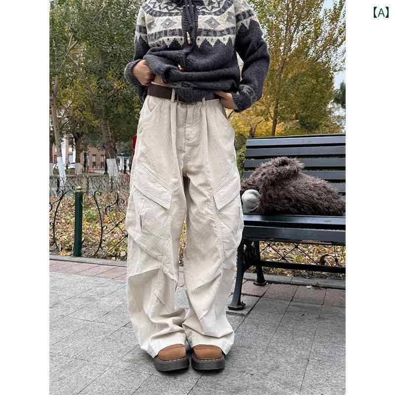 ワイド　パンツ　ボトムス チュアン イエ アメリカン コーデュロイ プリーツ パラシュート オーバー オール メンズ レディース ストリート 秋 マルチ ポケット パンツ