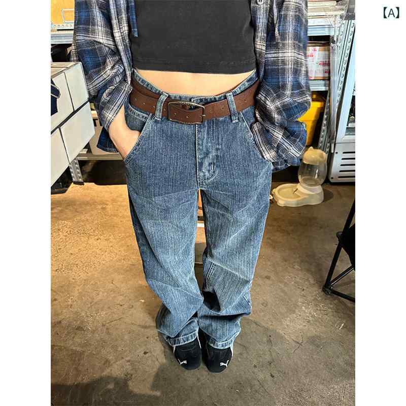 レディース　パンツ　ワイド Chuanchuanye アメリカン 竹 綿 2024 夏 ストレート ジーンズ 男女 レトロ ウォッシュ パンツ
