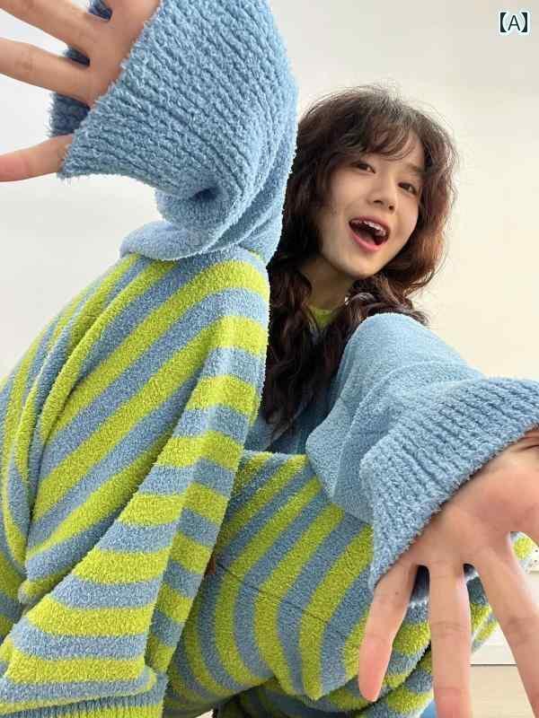 ストライプ　パジャマ　スウェット 秋冬用 韓国 高級 ストライプ 半 縁 ベルベット パジャマ 厚手な ニット ホームウェア スーツ アウターウェア