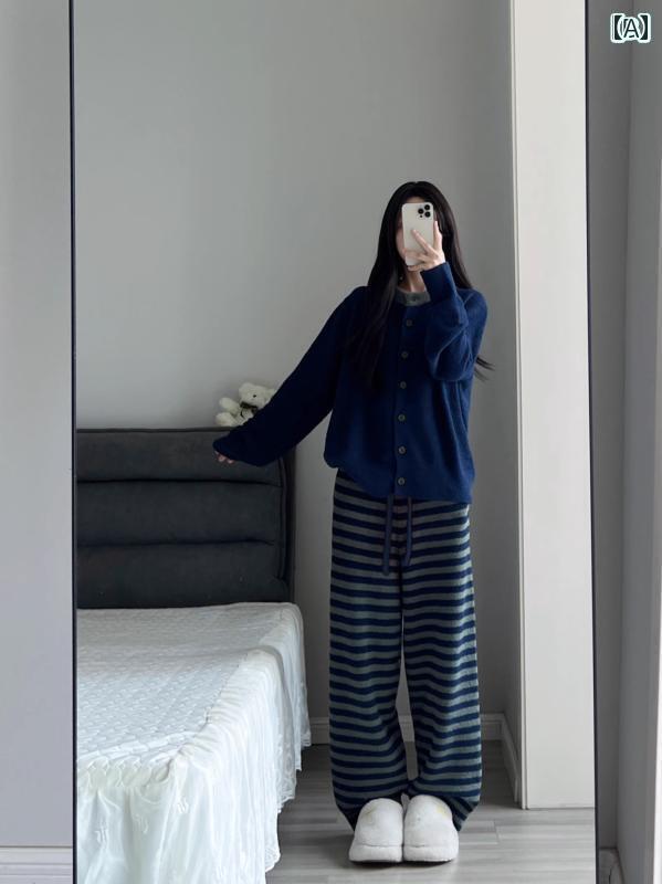 パジャマ　セット　スウェット 韓国 女の子 ストライプ ハーフ エッジ ベルベット ニット パジャマ 女性 冬 厚手 プラッシュ ホーム 服 大きいサイズ スーツ