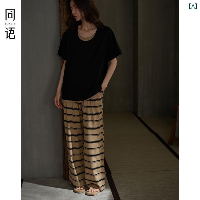 パジャマ　セット　スウェット Tongyu 2025 夏 モダール コットン パジャマ レディース 半袖 ズボン ストライプ スーツ 春夏 家 着