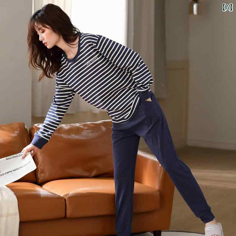 パジャマ セット スウェット 女性用 パッド入り パジャマ 春秋 スタイル 綿 長袖 ストライプ 外で 着用 可能 タイトな 脚 ワンピース ホームウェア スーツ