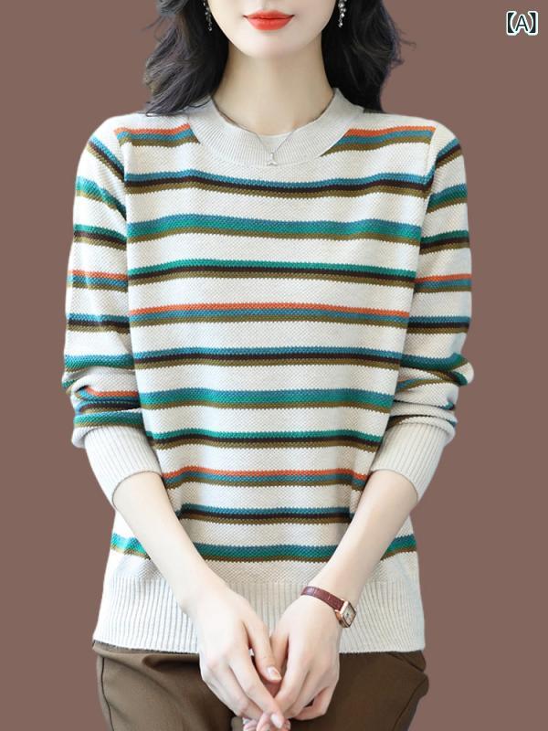 レディース　コート　ジャケット 太い mm 大きめ サイズ ニット マルベリー シルク Tシャツ 女性 ゆったり マザーズ ウェアな ストライプ 冷感 長袖 ラウンドネック カバー 肉