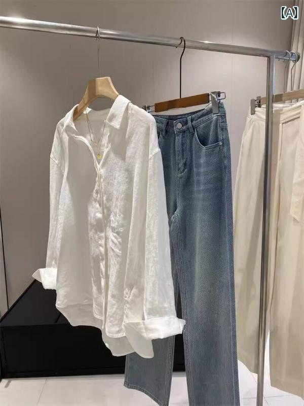 Yシャツ　無地　シンプル リネン ホワイト POLO カラー シャツ レディース 夏 薄手 ゆったり スリム 長袖 ファッション カジュアル ジャケット トップス