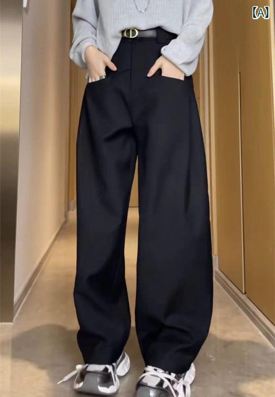 レディース　カジュアル　パンツ 黒の ワン ライン ポケット エロティック ワイド レッグ パンツ レディース 春秋 2025 ハイウエスト スリミング カジュアル モップ