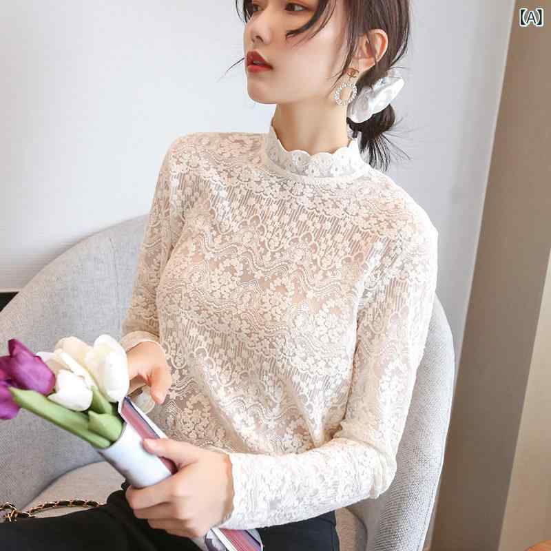 レディース　シャツ　レース 韓国 秋冬 スリム レース レイヤリング シャツ 長袖 メッシュ 薄手 トップス な 女性用