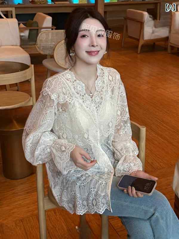 レディース　シャツ　レース　シルク 春の レディース 風 フレンチ レース フック フラワー 長袖 シャツ ゆったり スリム インナー トップス