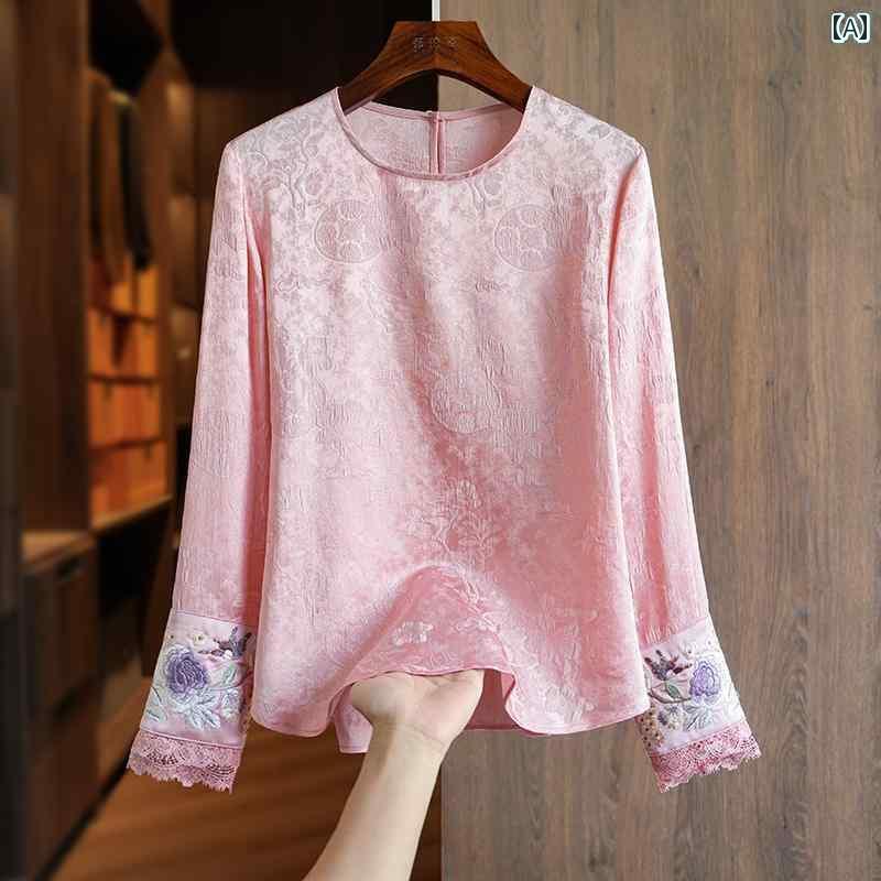 レディース　シャツ　レース　シルク ピンク シルク クラウン クレープ シャツ レディース ロングスリーブ レース 刺繍 2025 春 マルベリー チャイナ風 トップス 15,558円