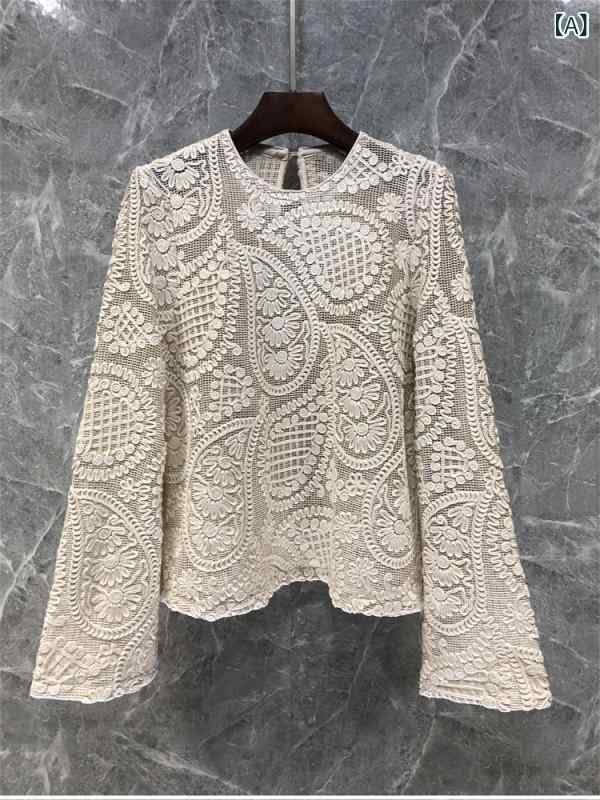 レディース　ニット　レース　シルク 深 セン 南 友 # フランス 丸 首 フック 花 レース シャツ 女性 商品 春 トランペット スリーブ トップ 61 N 05｜SEIYUショップ