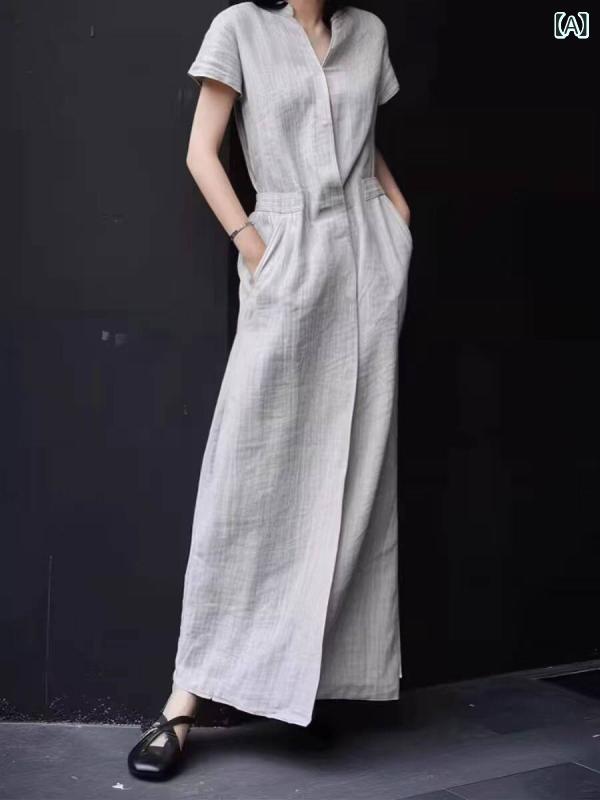 シャツ ドレス レディース 純粋な 詩の 男の 夏の 新しい 半袖 コットンと リネンの シャツ ドレス 女性の 気質 グレー リネン ロング セレブ スカート トレンド