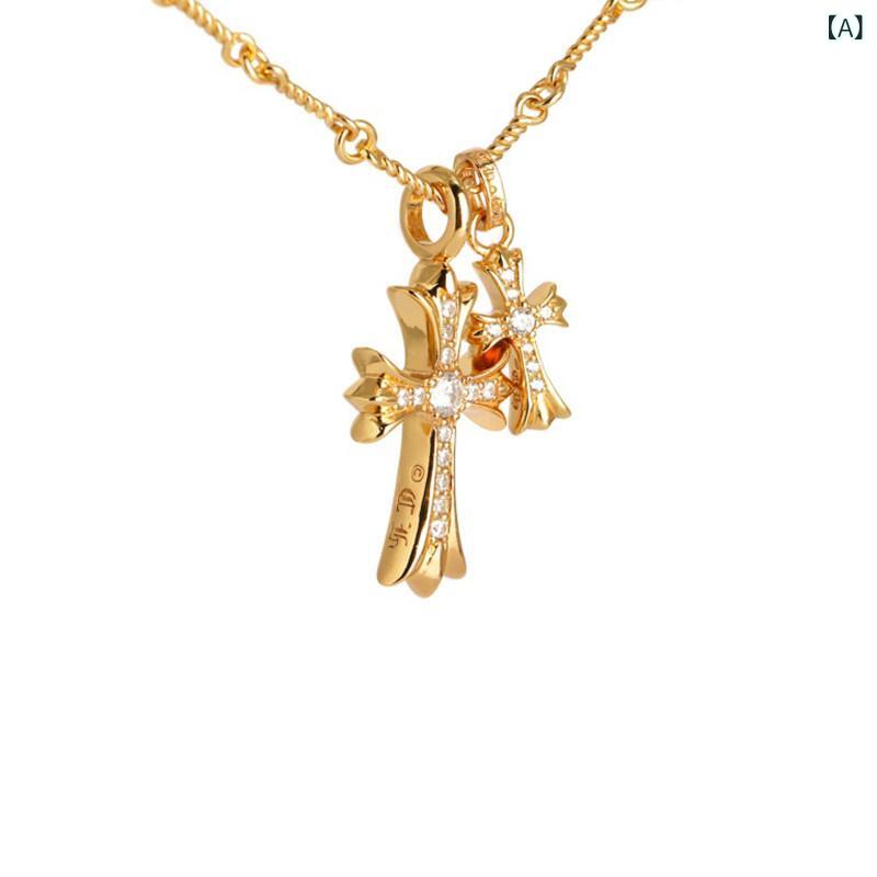 ネックレス　十字架　クロス ハイ V ゴールドメッキ 18 K クロコの 個性的な ダブル クロス ネックレス 男女兼用 カップル ヒップ ホップ ペンダント